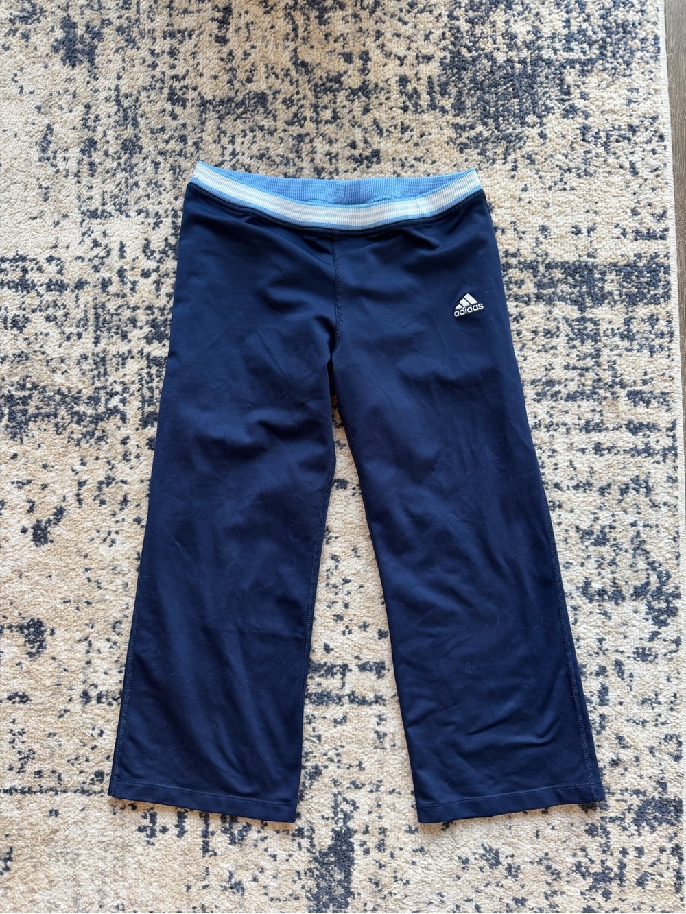Y2K Adidas Women’s Navy Blue Active Pants with Light Blue Waistband